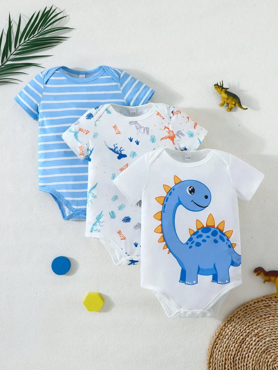 Unisex Newborn Baby Dinosaur Print Short Sleeve Romper 3 Piece Casual Summer Outfit Set