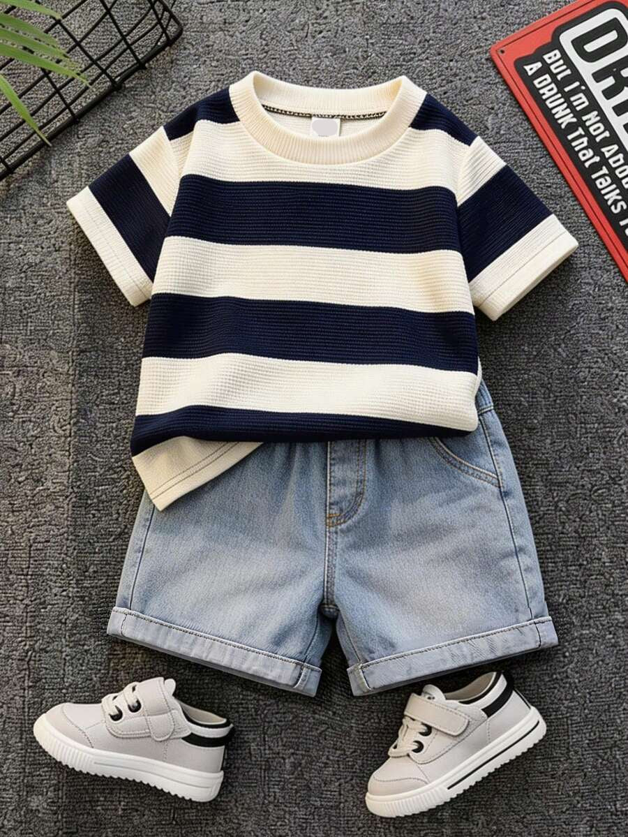 Baby Boy Black and White Striped T Shirt and Denim Shorts 2 Piece Casual Spring Summer Outfit Set