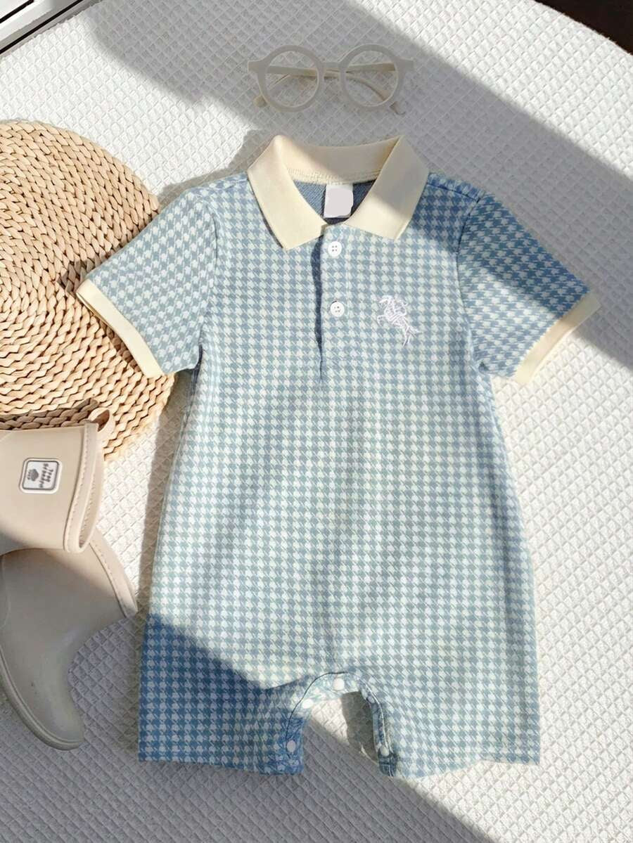 Unisex Newborn Baby Contrast Color Jacquard Polo Collar Half Zip Short Sleeve Jumpsuit Summer Outfit