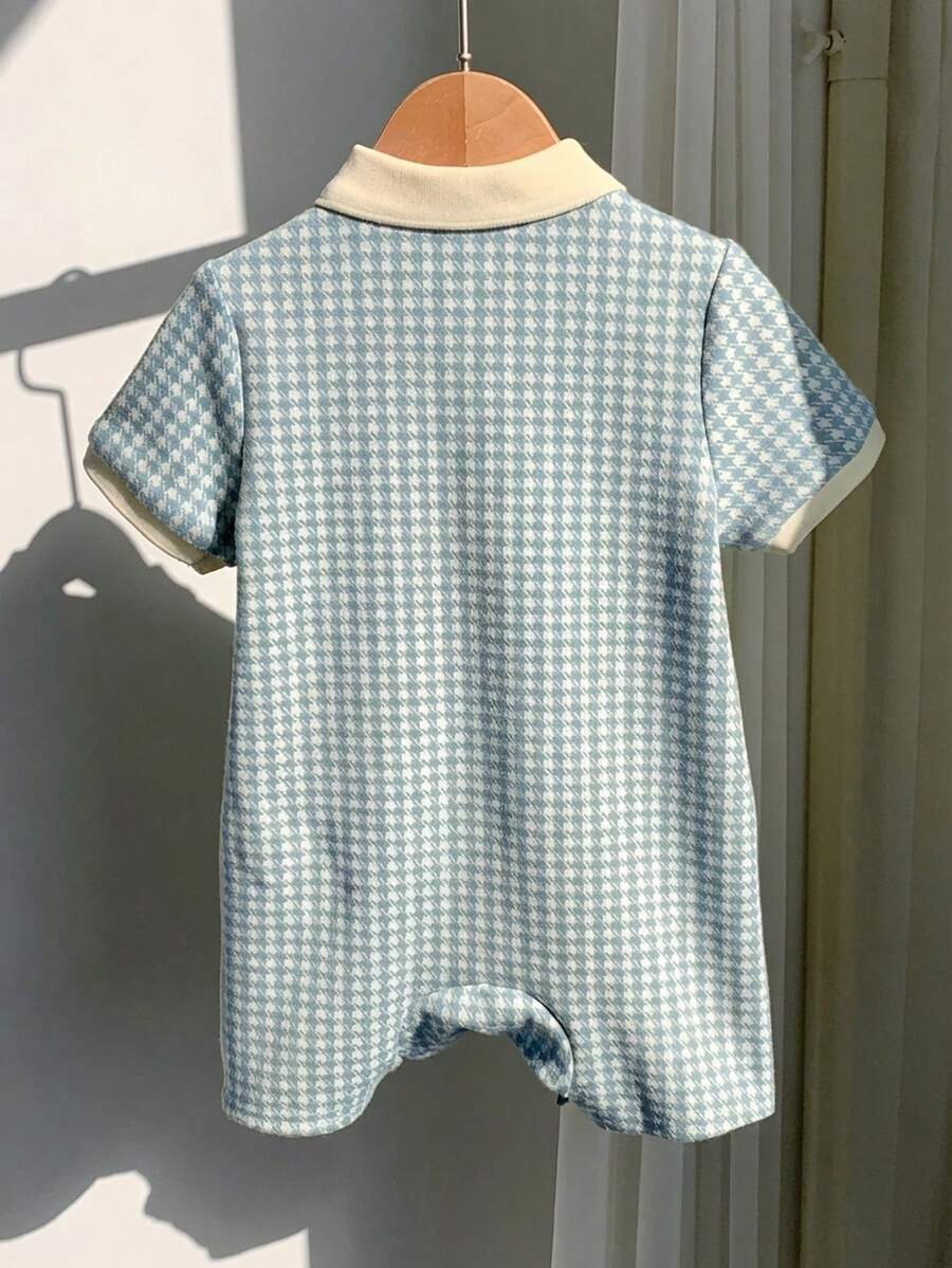 Unisex Newborn Baby Contrast Color Jacquard Polo Collar Half Zip Short Sleeve Jumpsuit Summer Outfit
