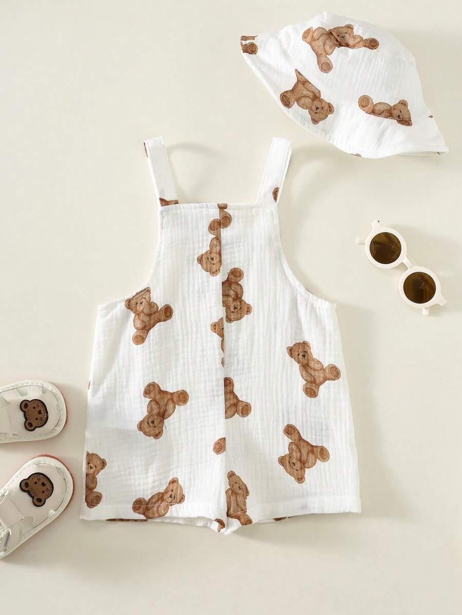 Baby Striped Bib Overalls and Bucket Hat 2 Piece Casual Summer Beach Outfit Set