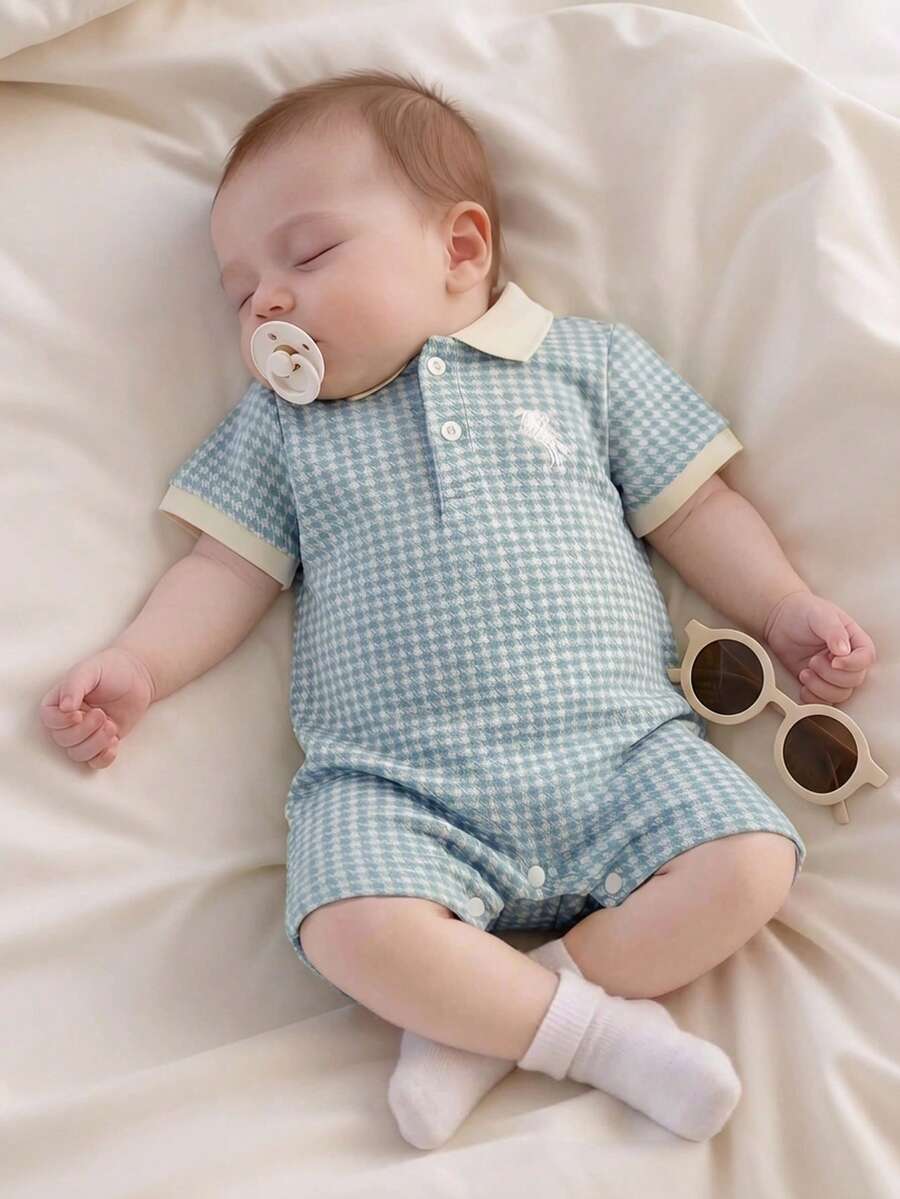 Unisex Newborn Baby Contrast Color Jacquard Polo Collar Half Zip Short Sleeve Jumpsuit Summer Outfit