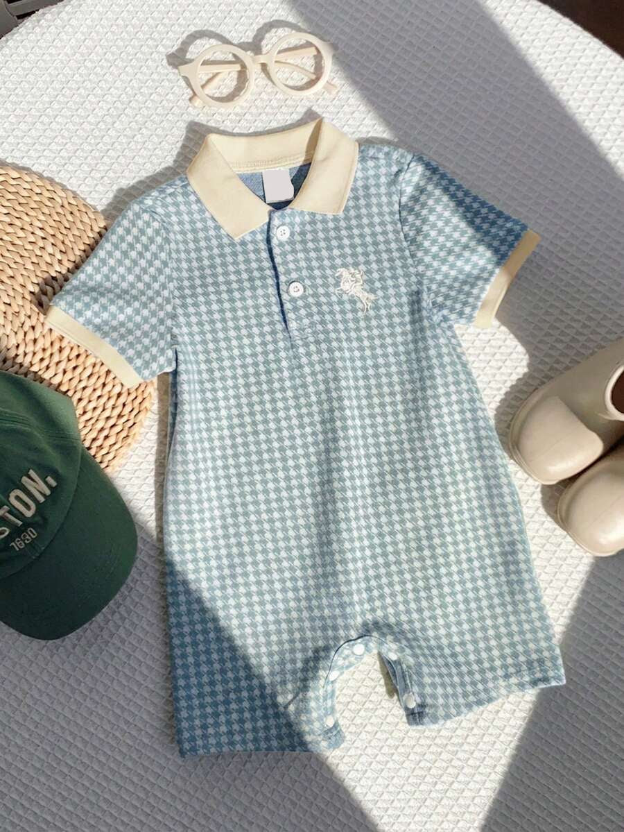 Unisex Newborn Baby Contrast Color Jacquard Polo Collar Half Zip Short Sleeve Jumpsuit Summer Outfit