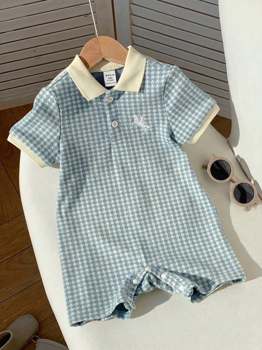 Unisex Newborn Baby Contrast Color Jacquard Polo Collar Half Zip Short Sleeve Jumpsuit Summer Outfit