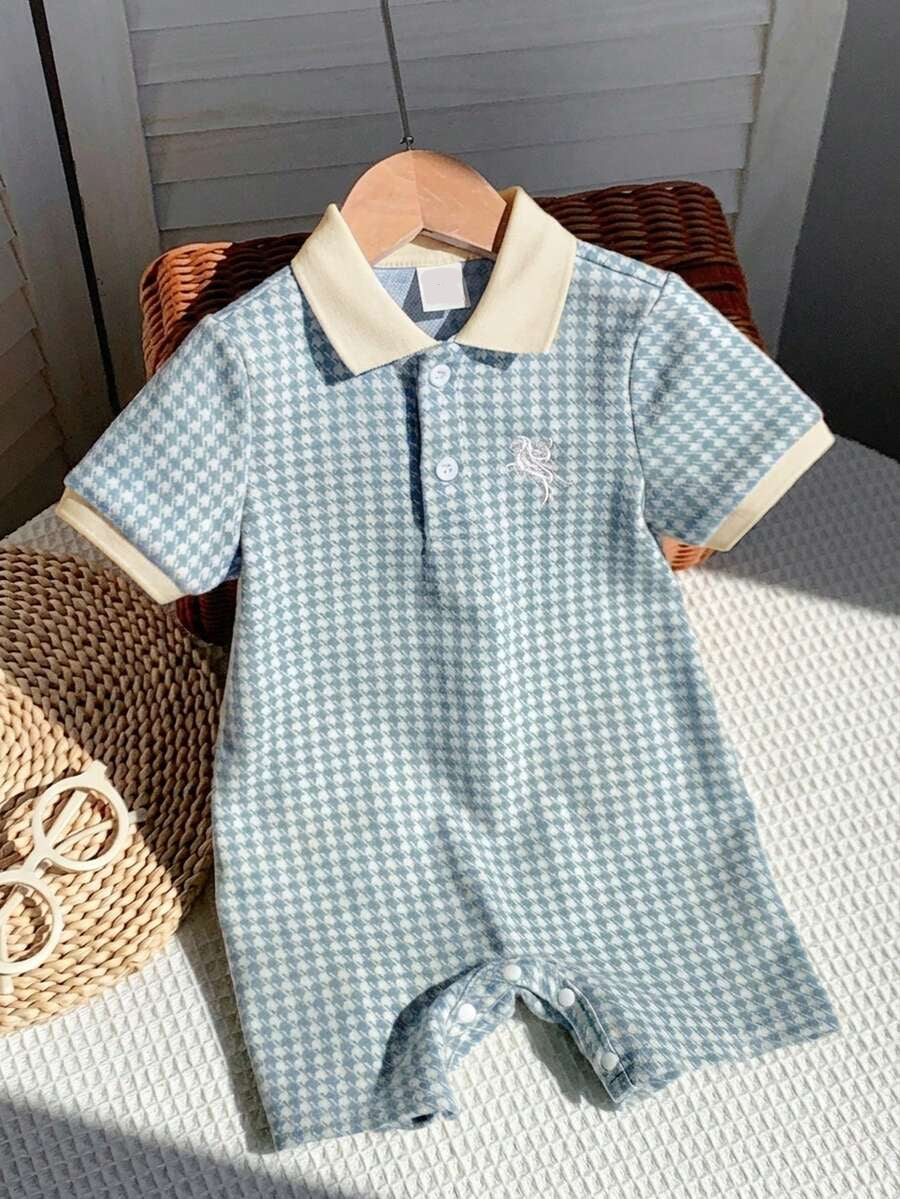 Unisex Newborn Baby Contrast Color Jacquard Polo Collar Half Zip Short Sleeve Jumpsuit Summer Outfit