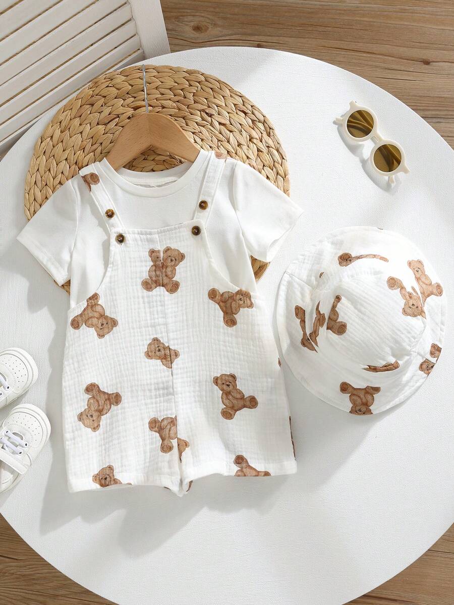 Baby Striped Bib Overalls and Bucket Hat 2 Piece Casual Summer Beach Outfit Set