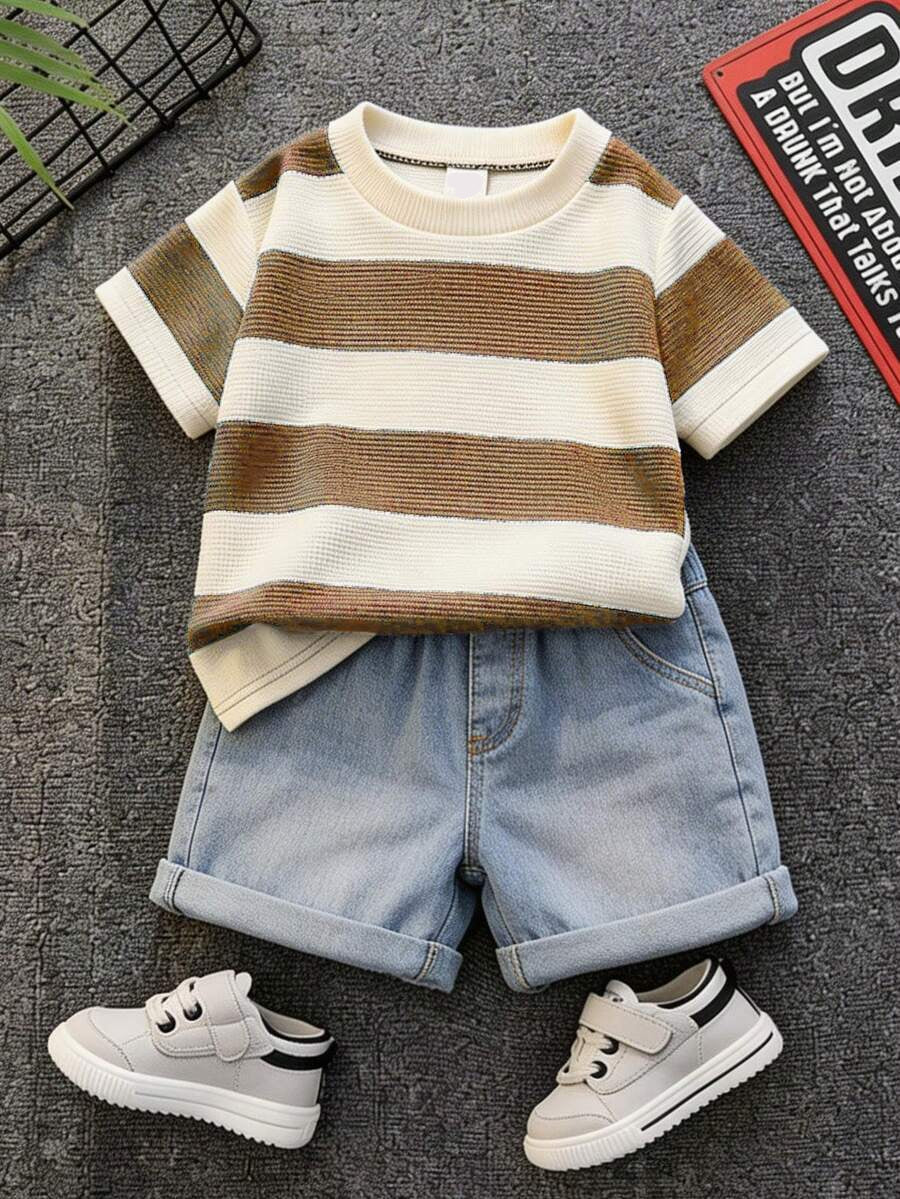 Baby Boy Black and White Striped T Shirt and Denim Shorts 2 Piece Casual Spring Summer Outfit Set