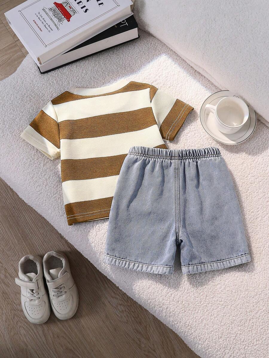 Baby Boy Black and White Striped T Shirt and Denim Shorts 2 Piece Casual Spring Summer Outfit Set