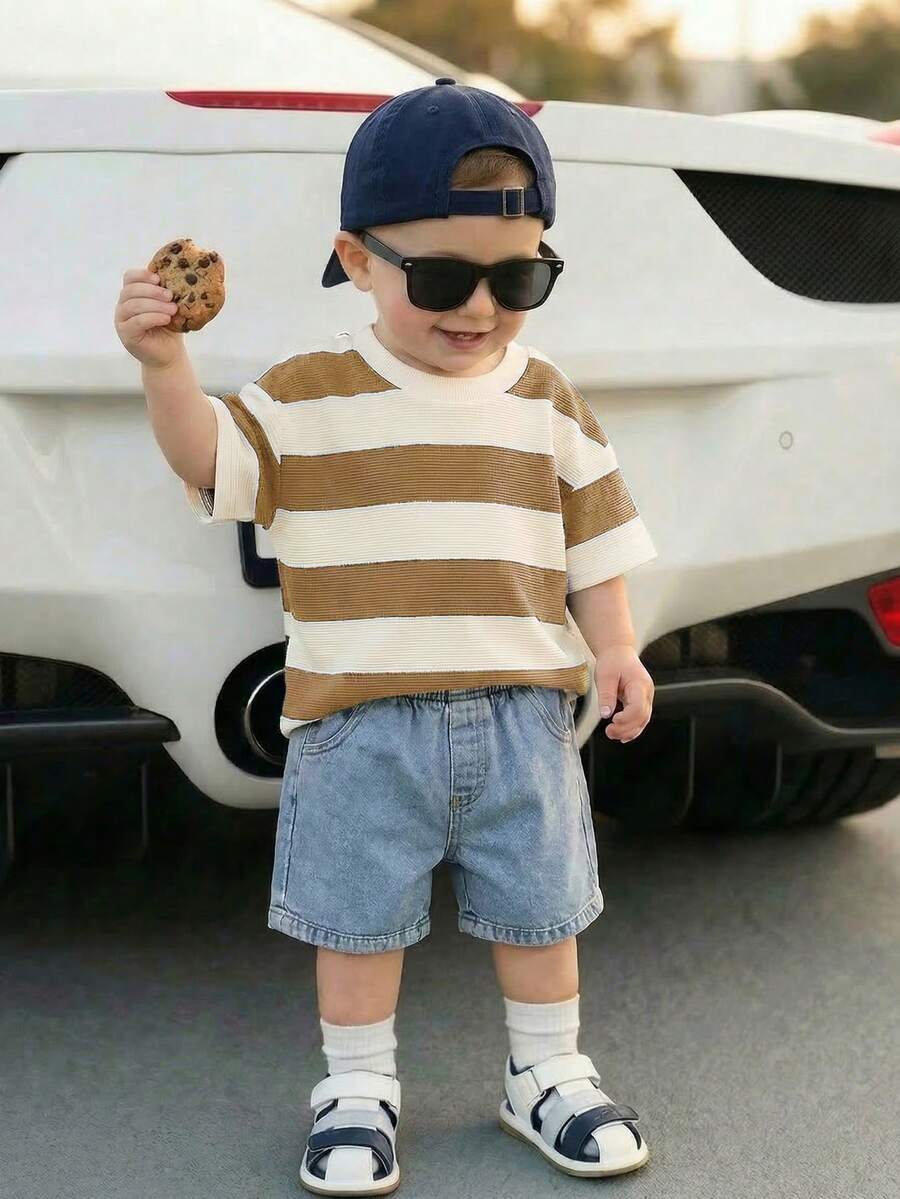 Baby Boy Black and White Striped T Shirt and Denim Shorts 2 Piece Casual Spring Summer Outfit Set