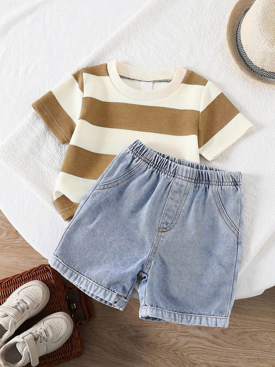 Baby Boy Black and White Striped T Shirt and Denim Shorts 2 Piece Casual Spring Summer Outfit Set