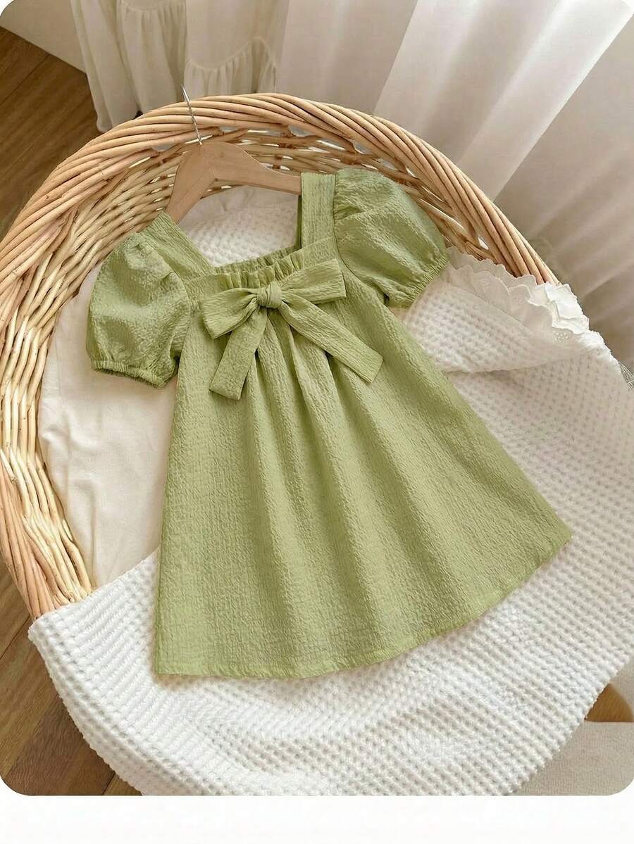 Green Plaid Short Sleeve Dress for Baby Girls - Cute Bow Accent Summer Outfit