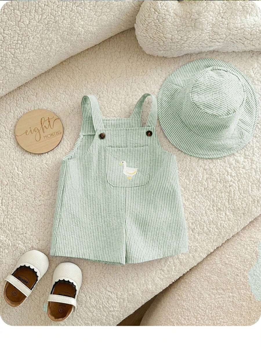 2PCS Baby Duck Striped Sleeveless Romper and Hat Set for Cute Summer Daily Wear