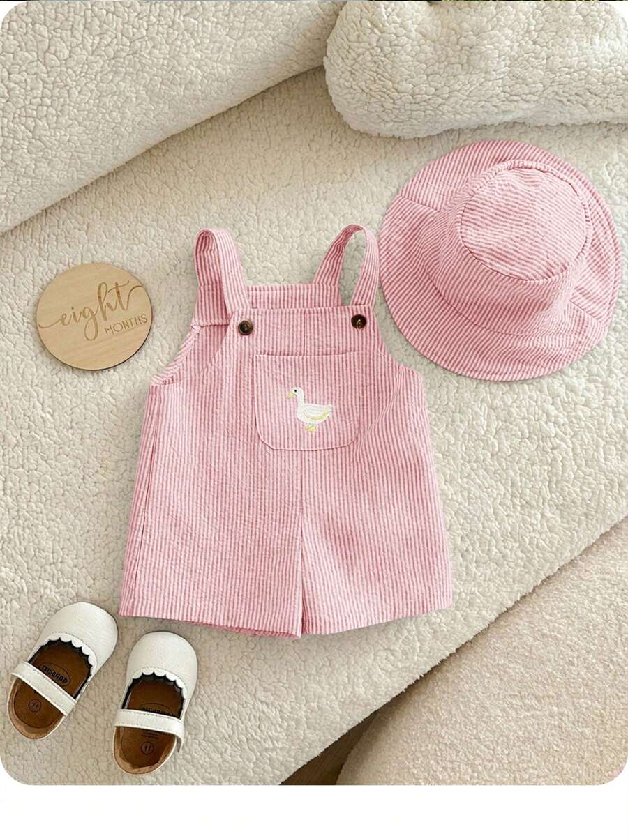 2PCS Baby Duck Striped Sleeveless Romper and Hat Set for Cute Summer Daily Wear
