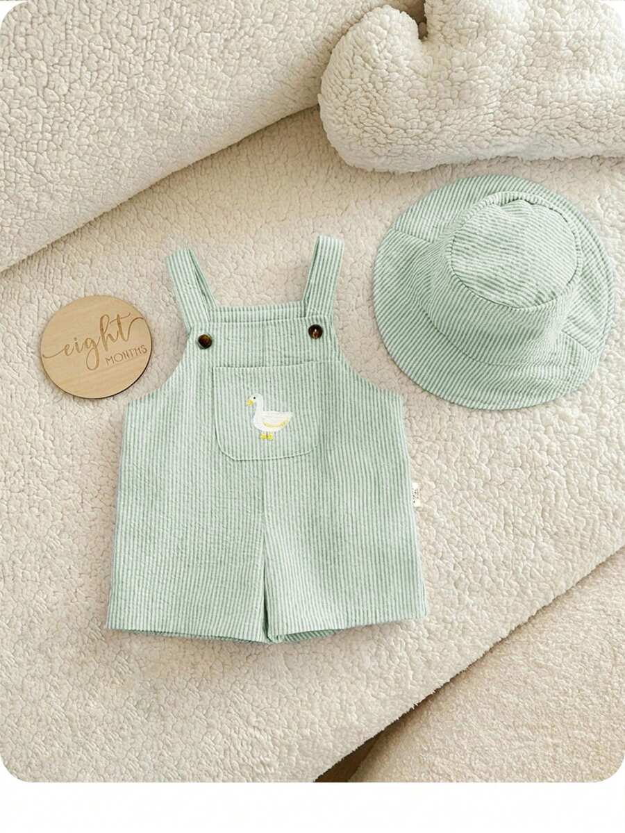 2PCS Baby Duck Striped Sleeveless Romper and Hat Set for Cute Summer Daily Wear