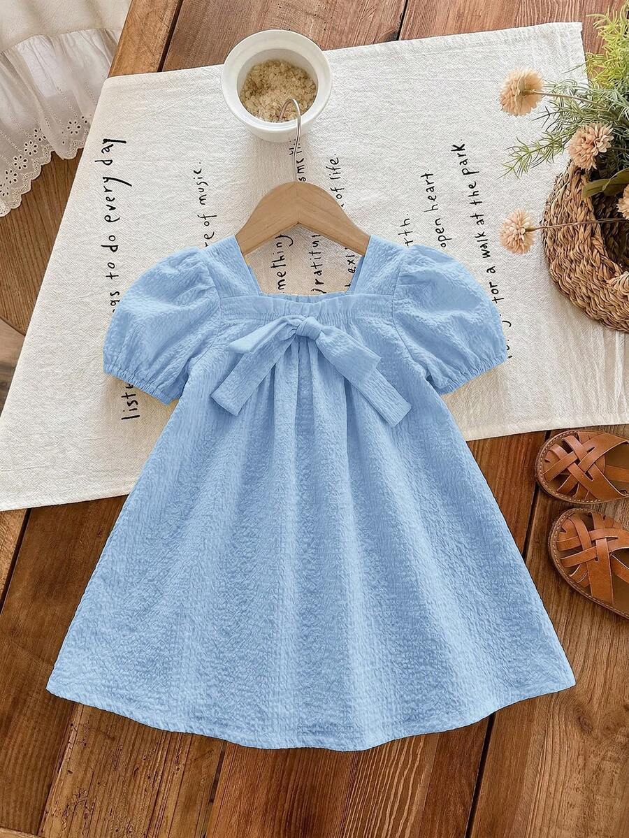 Baby Girl Plaid Bow Detail Short Sleeve Dress Cute Summer Vacation Outfit