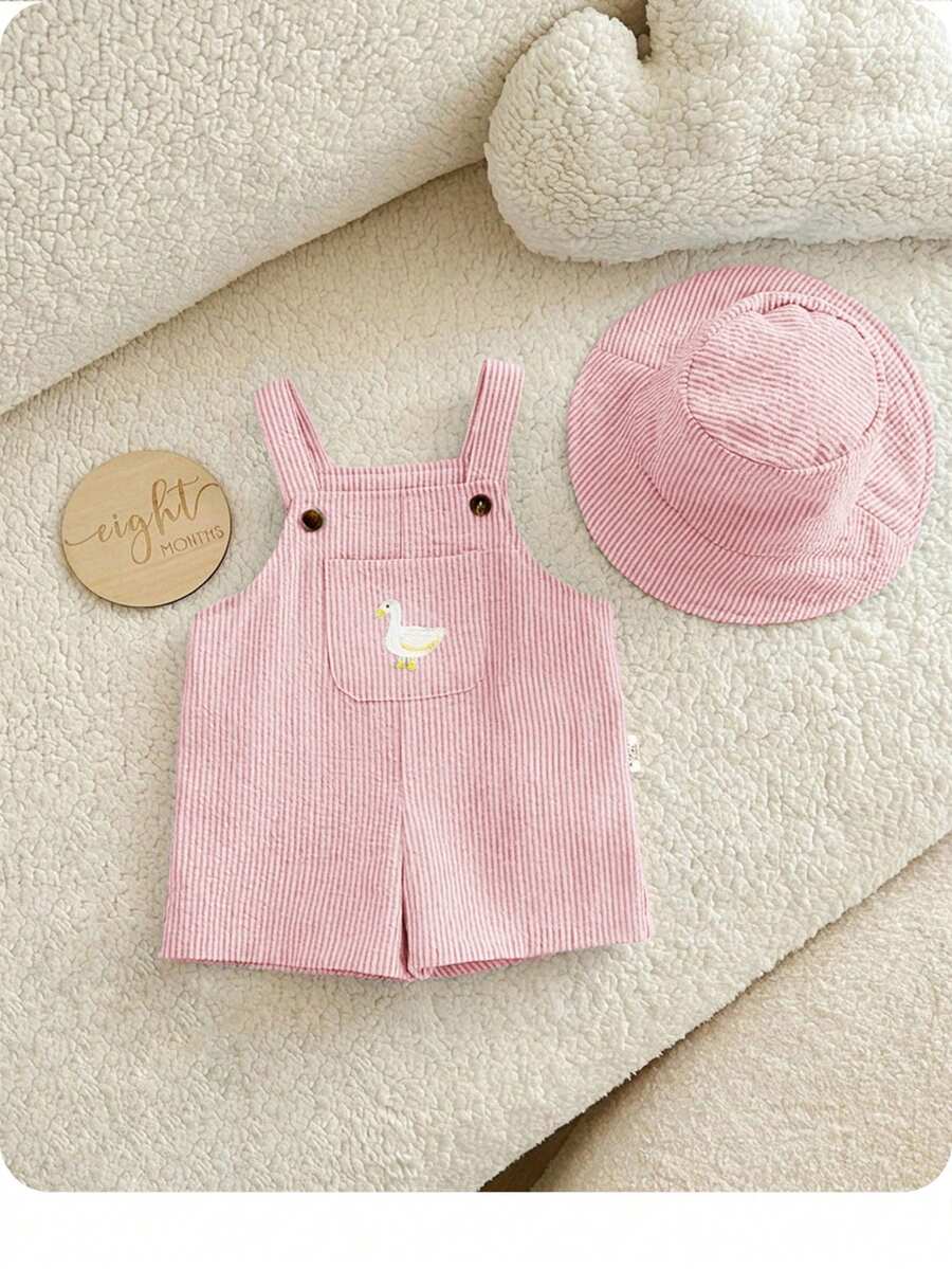 2PCS Baby Duck Striped Sleeveless Romper and Hat Set for Cute Summer Daily Wear