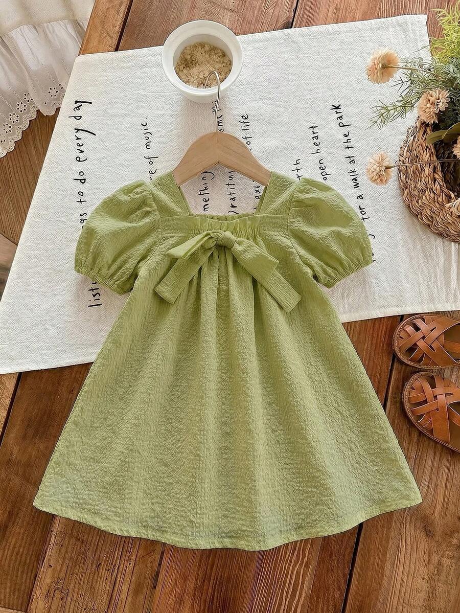 Baby Girl Plaid Bow Detail Short Sleeve Dress Cute Summer Vacation Outfit