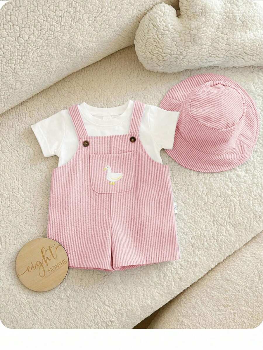 2PCS Baby Duck Striped Sleeveless Romper and Hat Set for Cute Summer Daily Wear