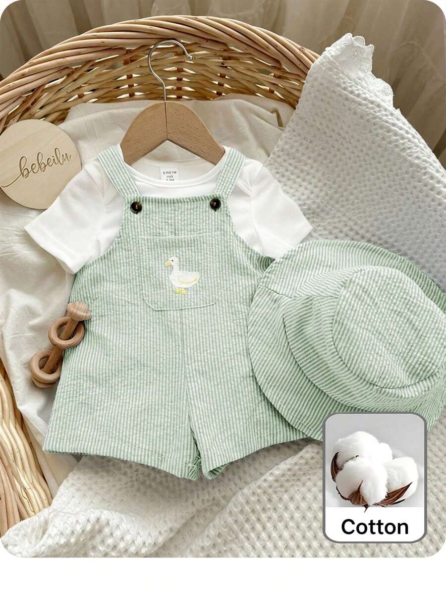 2PCS Baby Duck Striped Sleeveless Romper and Hat Set for Cute Summer Daily Wear