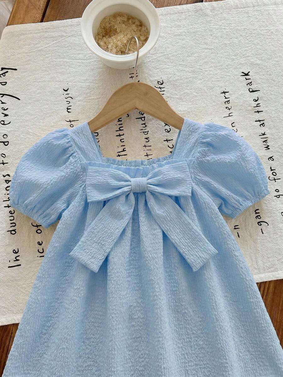 Baby Girl Plaid Bow Detail Short Sleeve Dress Cute Summer Vacation Outfit