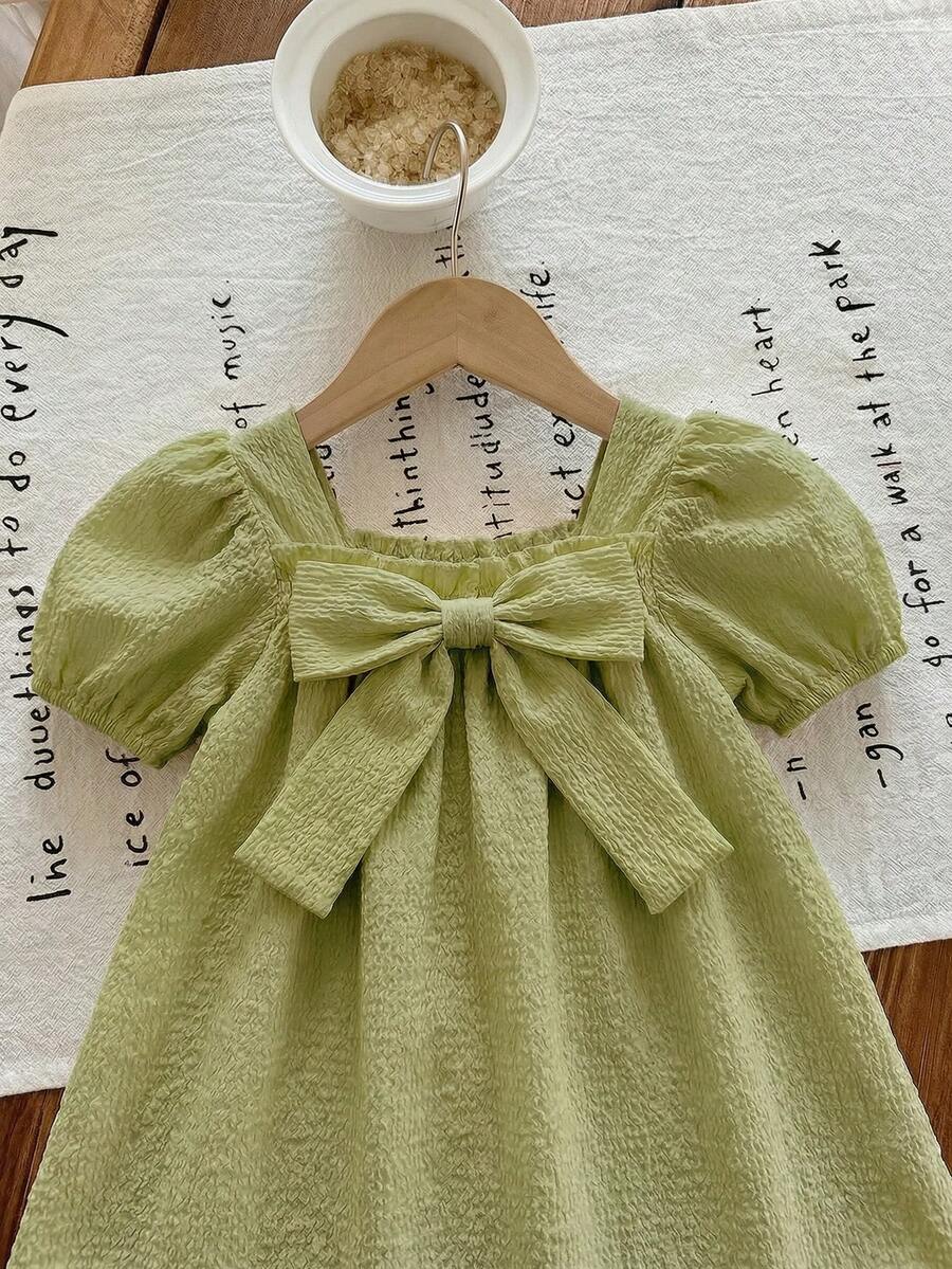 Baby Girl Plaid Bow Detail Short Sleeve Dress Cute Summer Vacation Outfit