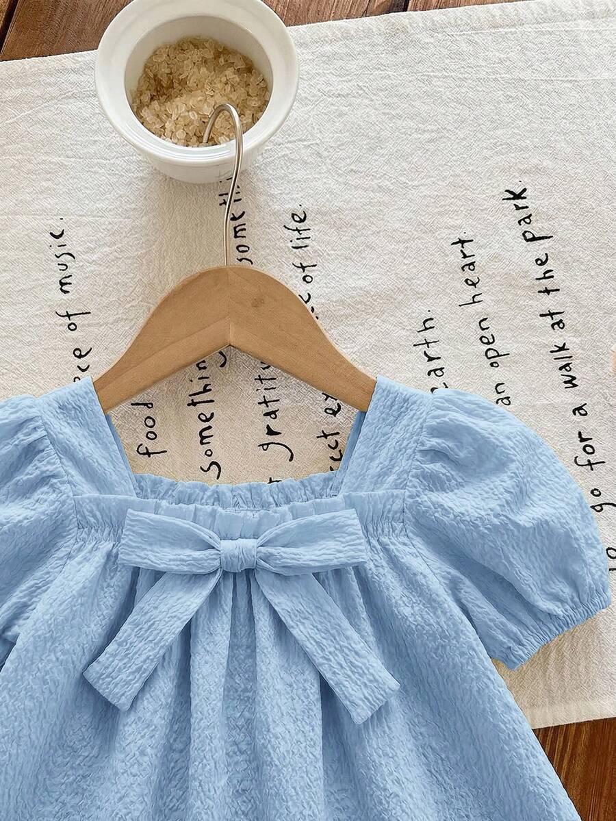 Baby Girl Plaid Bow Detail Short Sleeve Dress Cute Summer Vacation Outfit