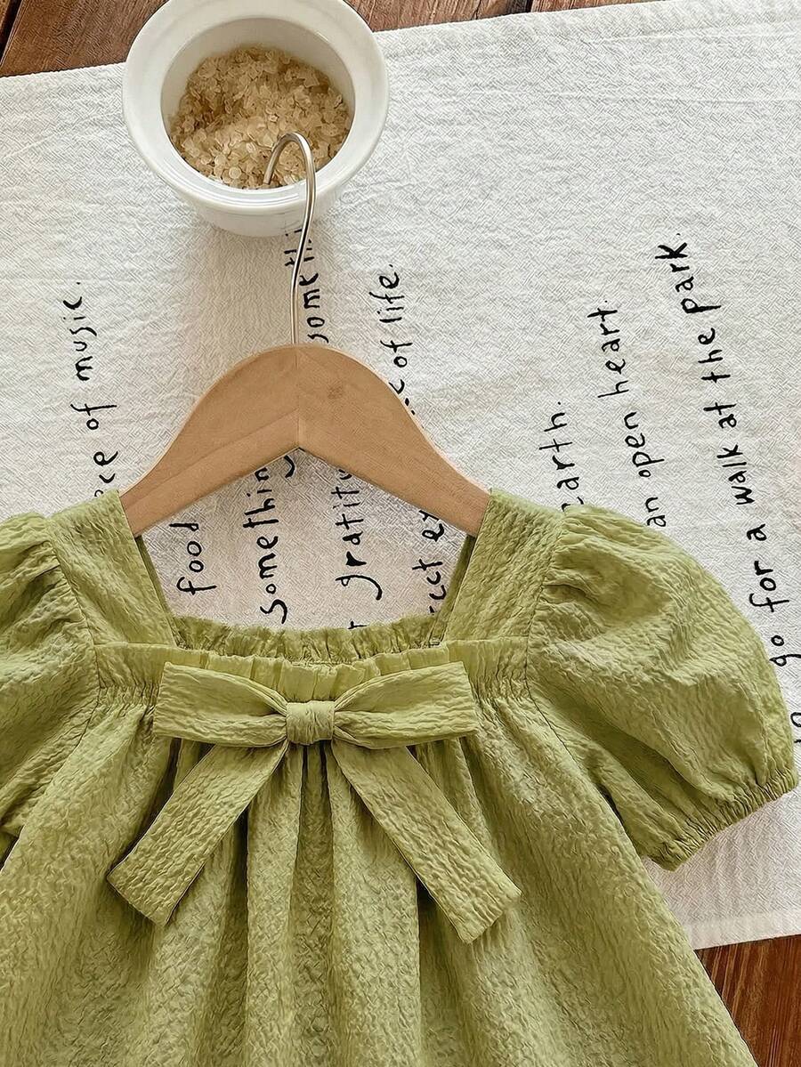 Baby Girl Plaid Bow Detail Short Sleeve Dress Cute Summer Vacation Outfit
