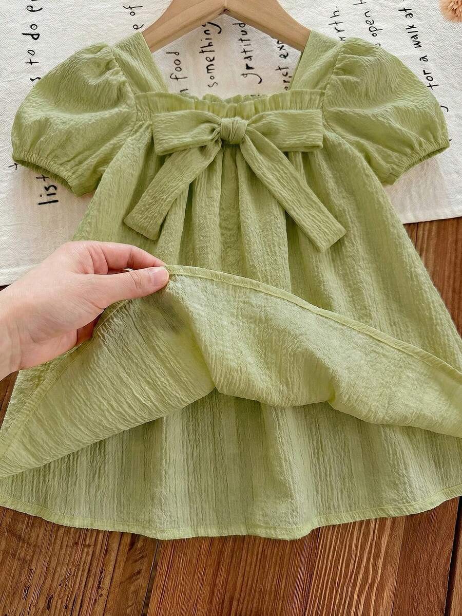 Baby Girl Plaid Bow Detail Short Sleeve Dress Cute Summer Vacation Outfit