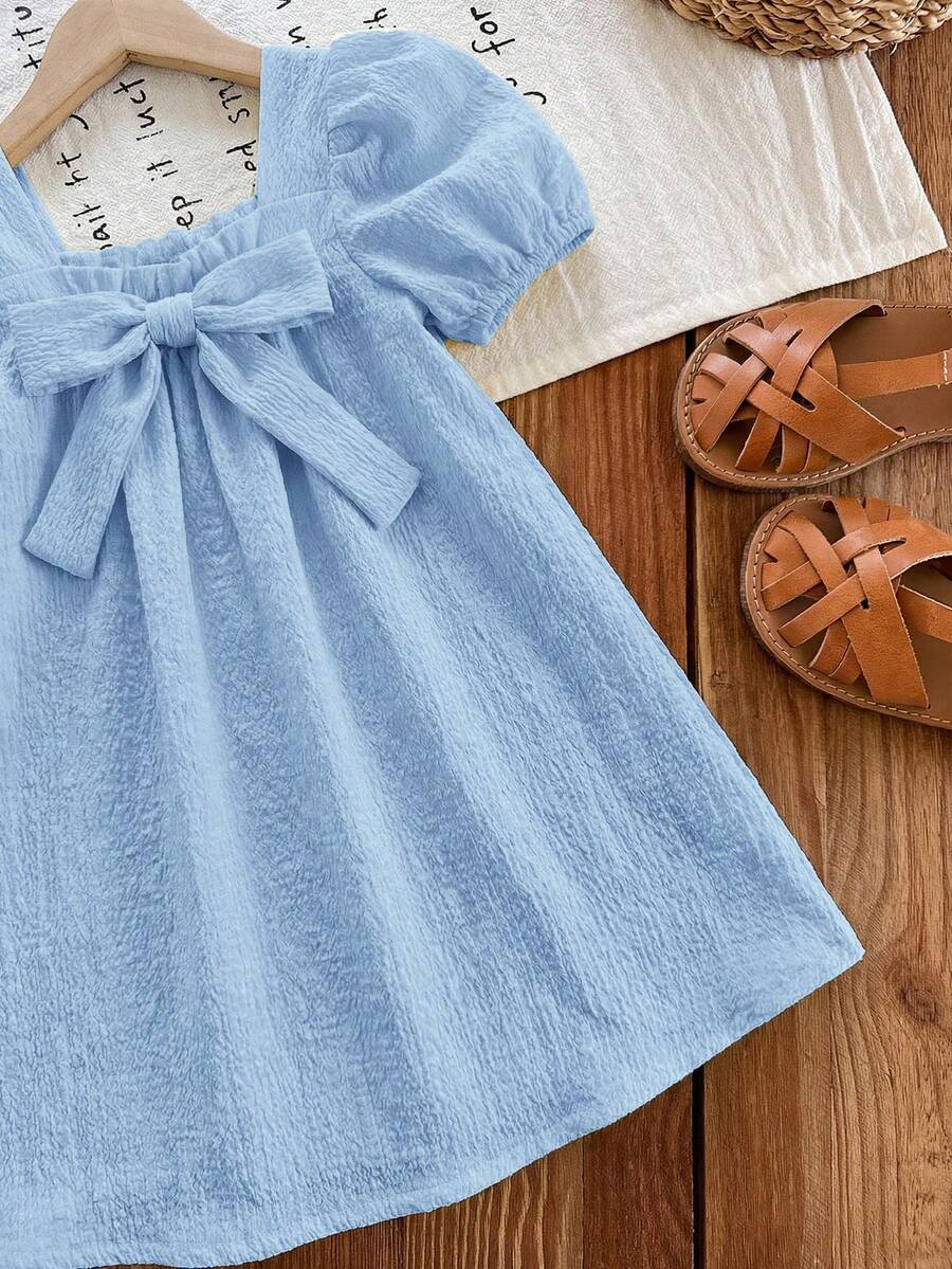 Baby Girl Plaid Bow Detail Short Sleeve Dress Cute Summer Vacation Outfit