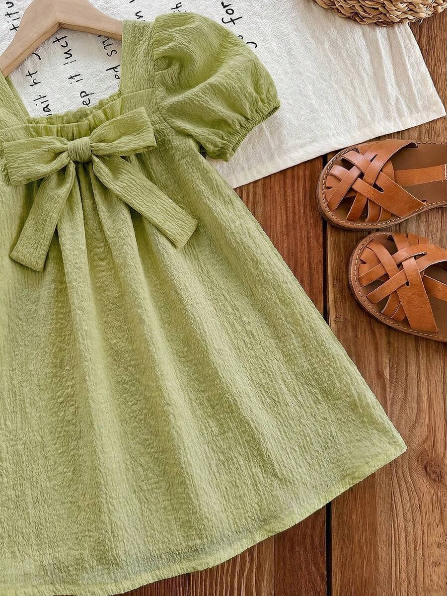 Green Plaid Short Sleeve Dress for Baby Girls - Cute Bow Accent Summer Outfit