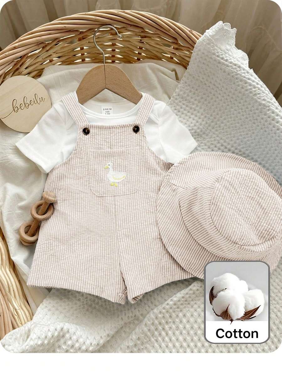2PCS Baby Duck Striped Sleeveless Romper and Hat Set for Cute Summer Daily Wear