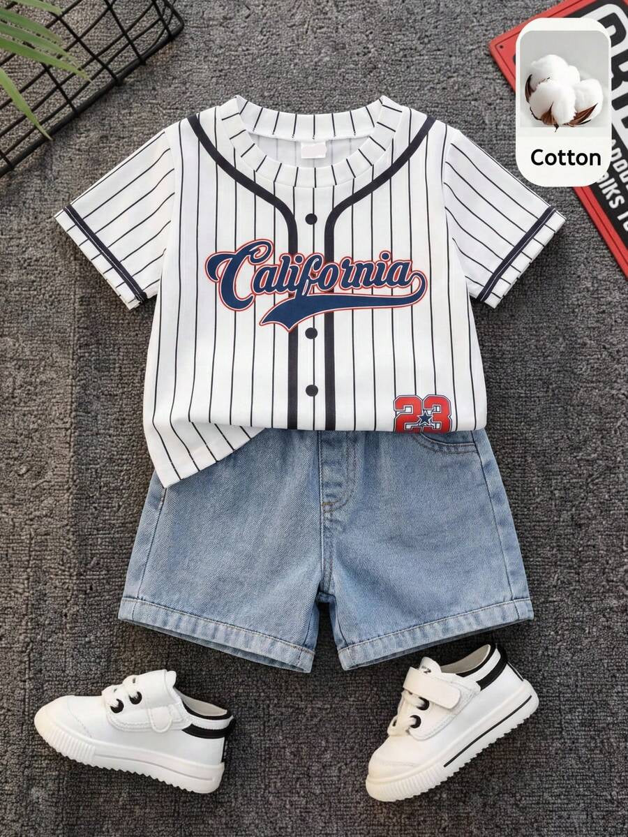 Baby Boy Black and White Striped T Shirt and Denim Shorts 2 Piece Casual Spring Summer Outfit Set