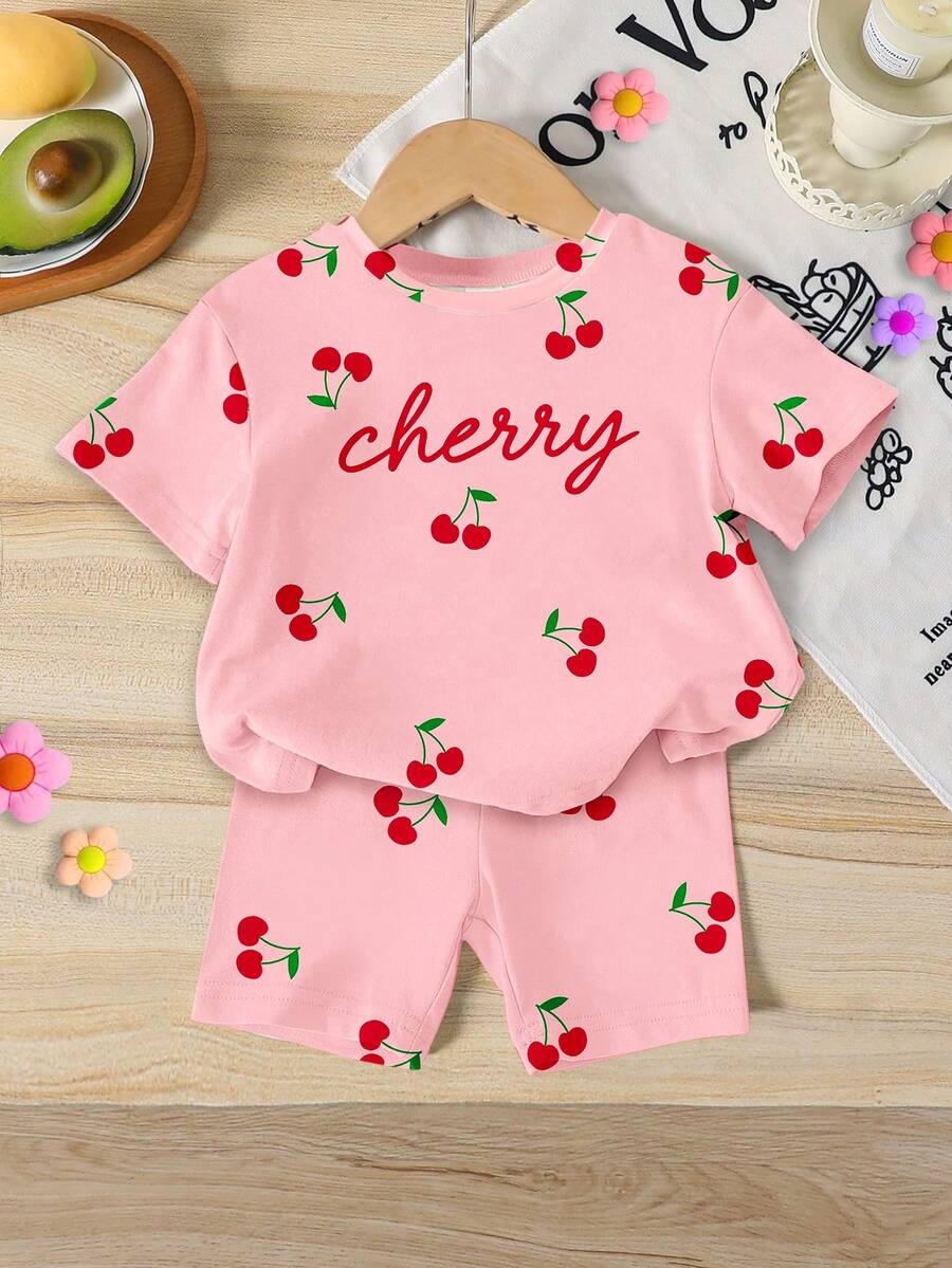 Lemon Fruit & Letter Print Short Sleeve Top and Shorts Set for Baby Girls