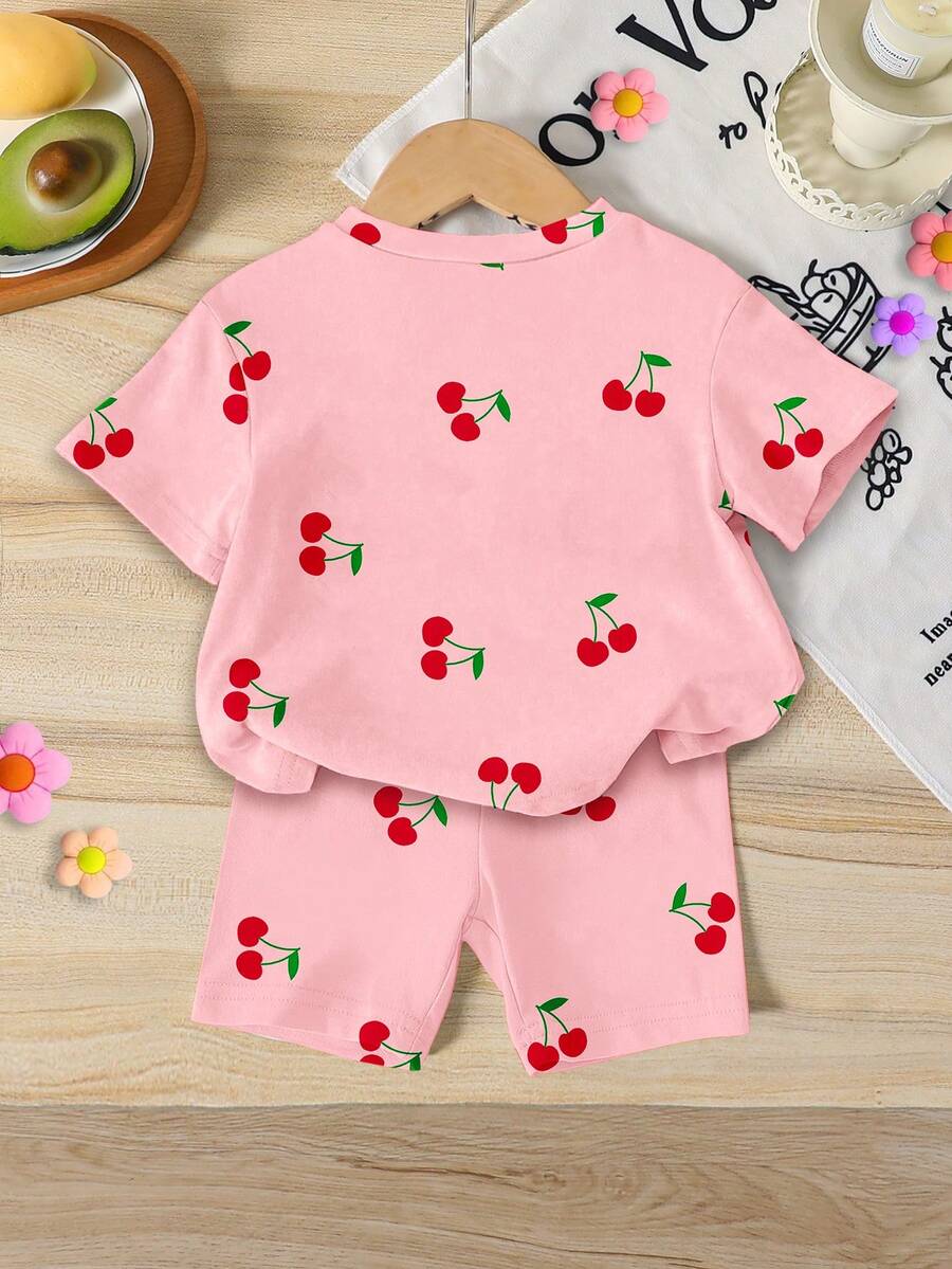 Lemon Fruit & Letter Print Short Sleeve Top and Shorts Set for Baby Girls
