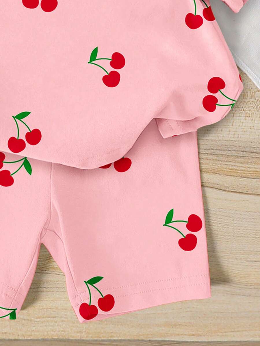 Lemon Fruit & Letter Print Short Sleeve Top and Shorts Set for Baby Girls