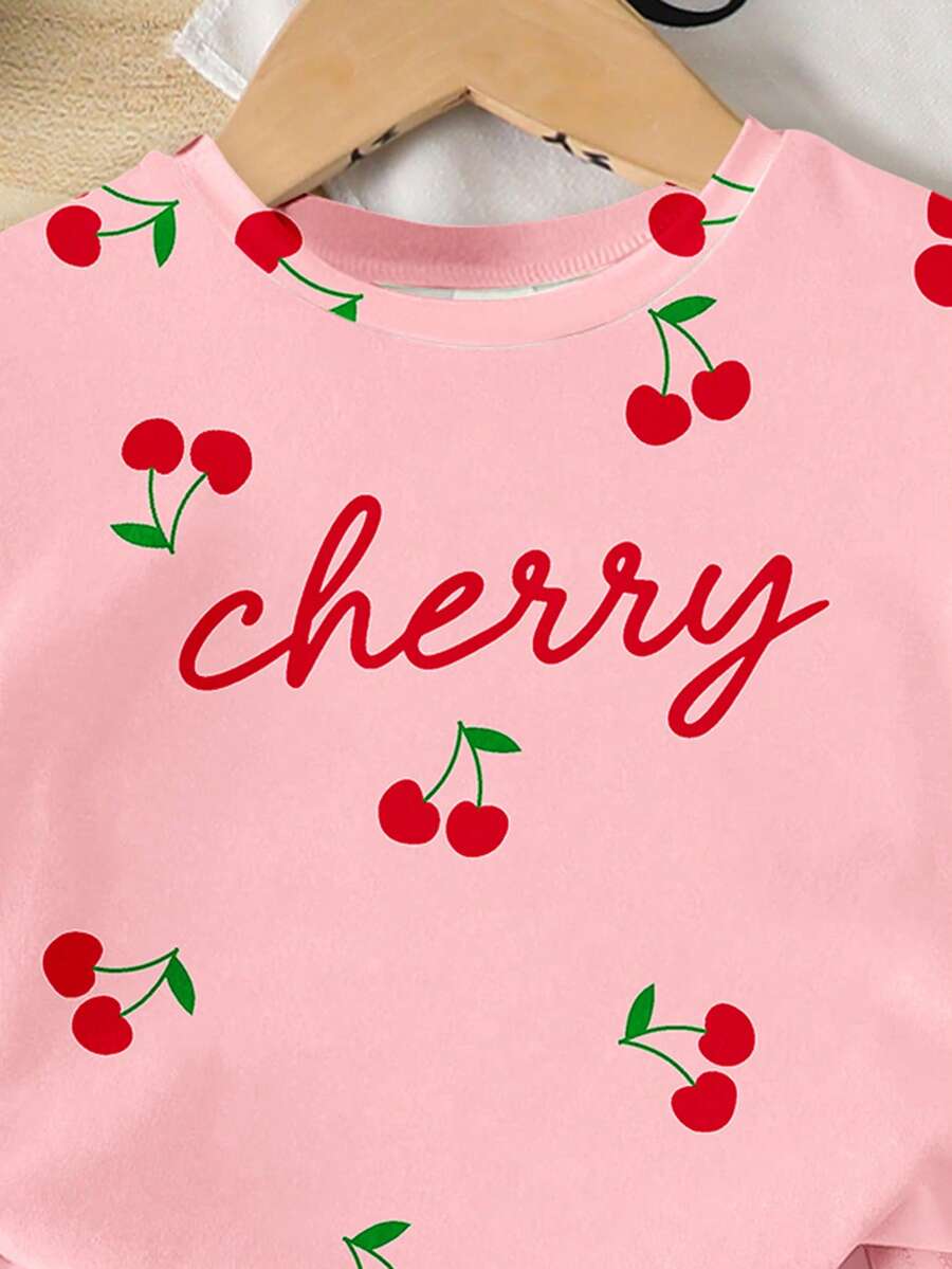 Lemon Fruit & Letter Print Short Sleeve Top and Shorts Set for Baby Girls
