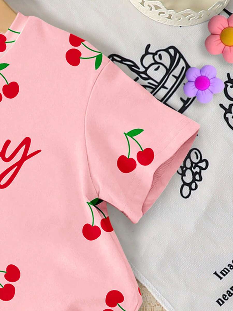 Lemon Fruit & Letter Print Short Sleeve Top and Shorts Set for Baby Girls