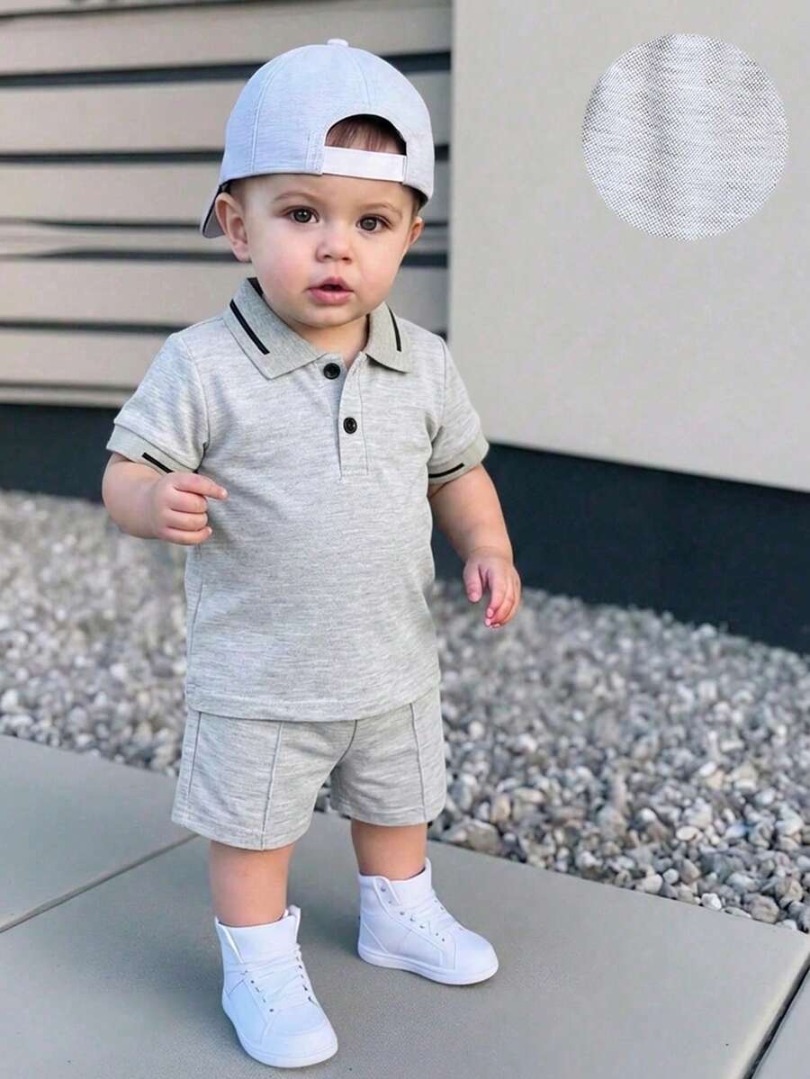 Playful Pals Baby Boy Khaki OOTD: Textured V-Neck and Striped Outfit