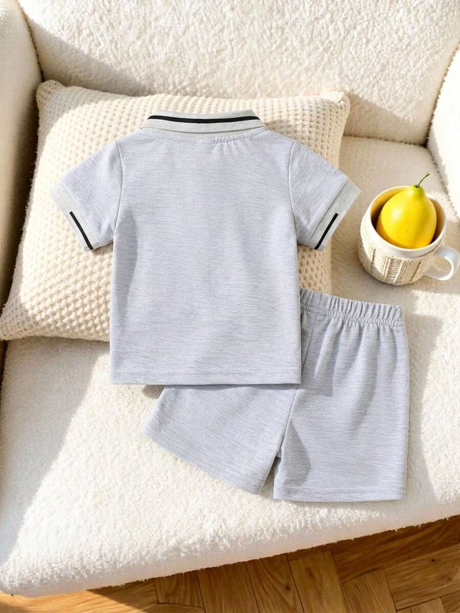 Playful Pals Baby Boy Khaki OOTD: Textured V-Neck and Striped Outfit