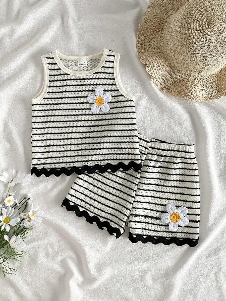 Two Piece Summer Clothing Set For Kids Girls Floral Knit Top And Shorts