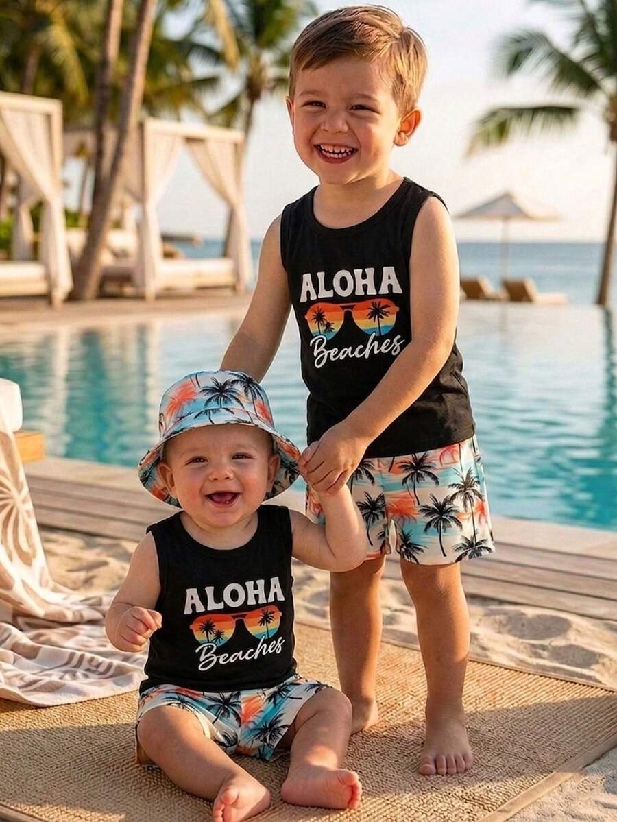 Baby Boy Letter Print Top Coconut Tree Print Shorts and Hat 3 Piece Summer Beach Vacation Outfit Set
