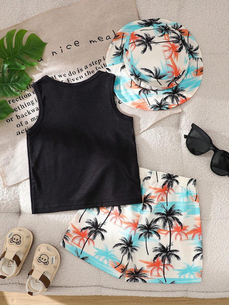 Baby Boy Letter Print Top Coconut Tree Print Shorts and Hat 3 Piece Summer Beach Vacation Outfit Set