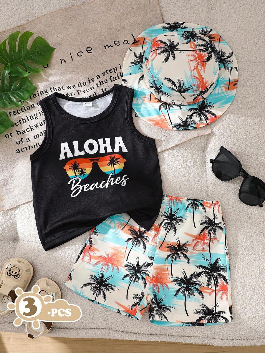 Baby Boy Letter Print Top Coconut Tree Print Shorts and Hat 3 Piece Summer Beach Vacation Outfit Set