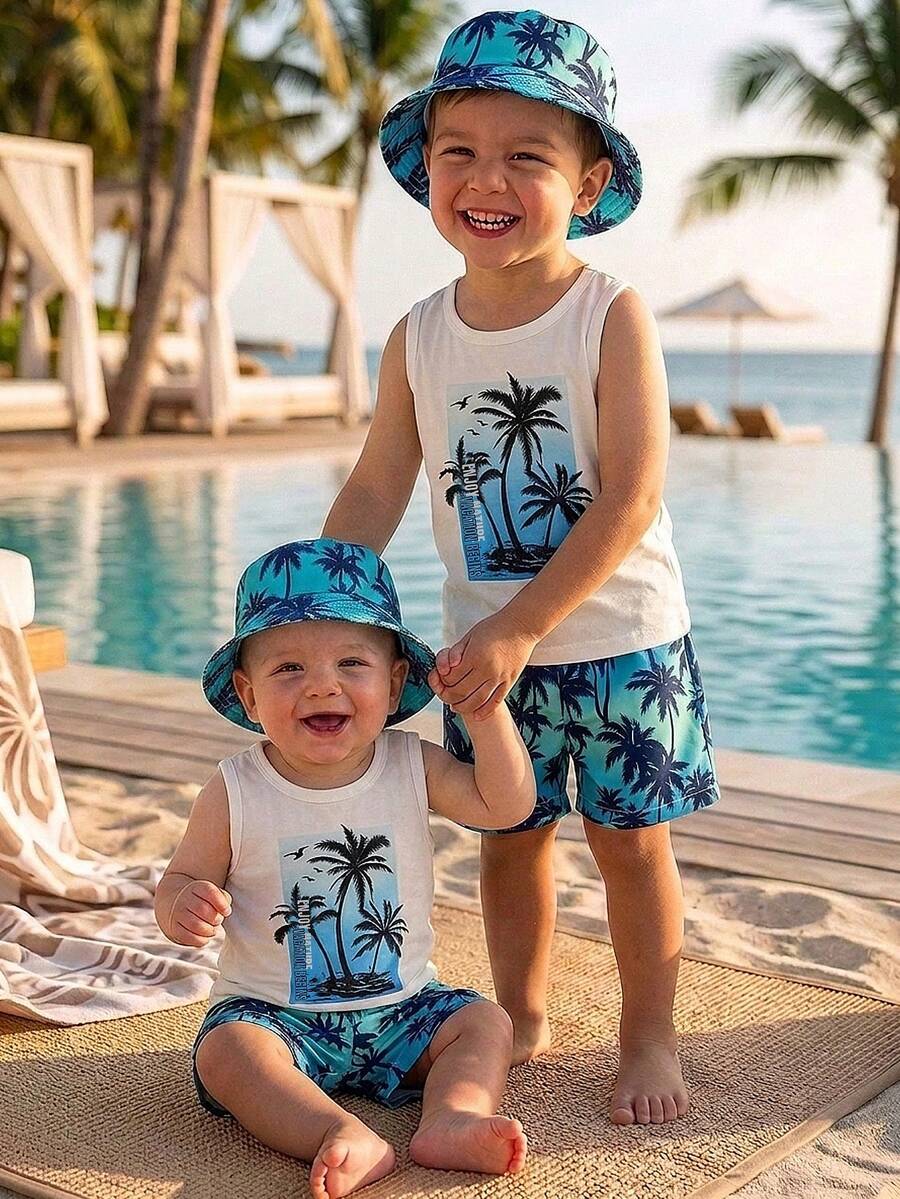 Baby Boy Letter Print Top Coconut Tree Print Shorts and Hat 3 Piece Summer Beach Vacation Outfit Set