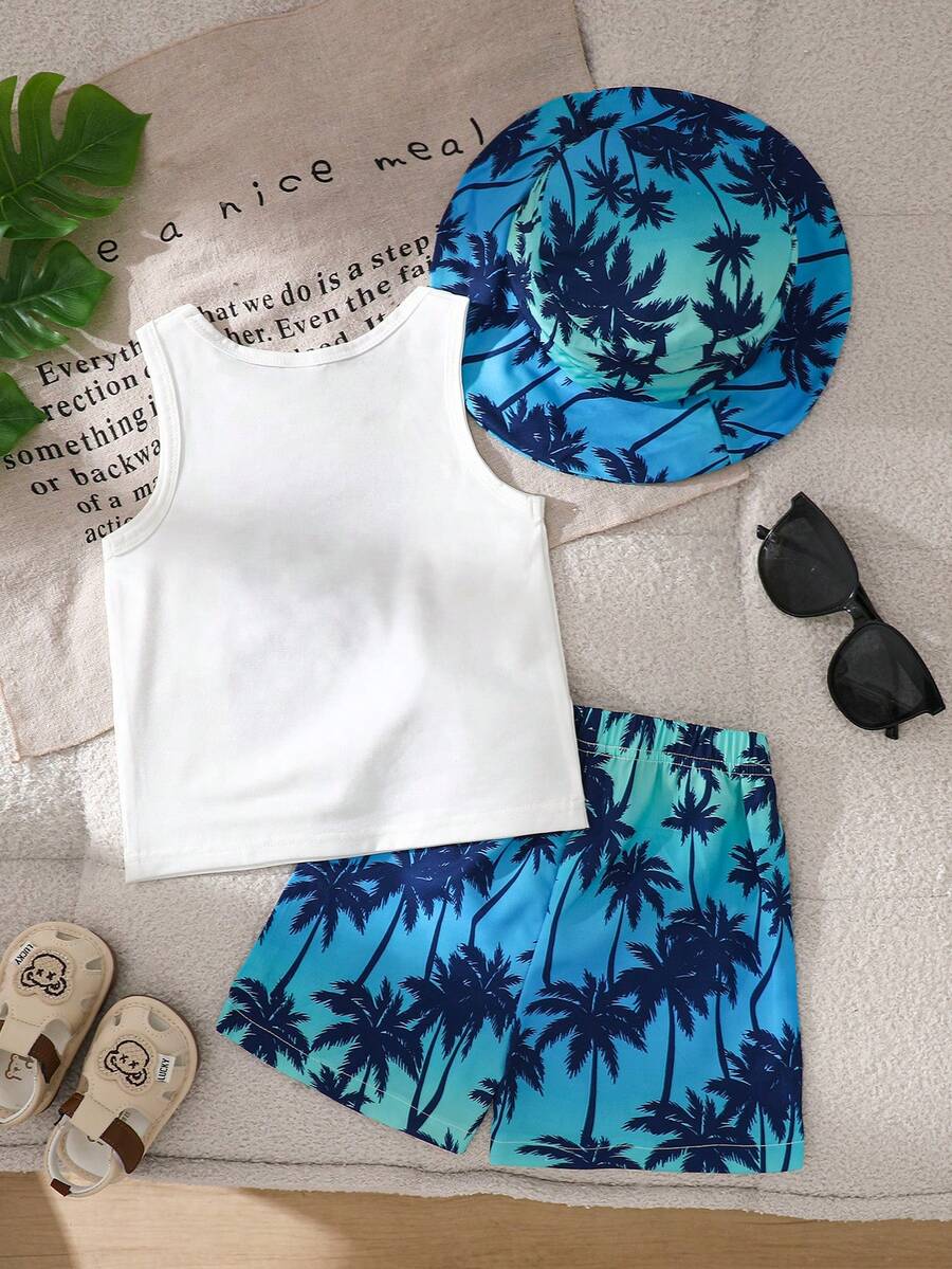 Baby Boy Letter Print Top Coconut Tree Print Shorts and Hat 3 Piece Summer Beach Vacation Outfit Set
