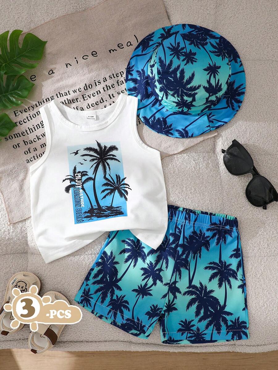Baby Boy Letter Print Top Coconut Tree Print Shorts and Hat 3 Piece Summer Beach Vacation Outfit Set