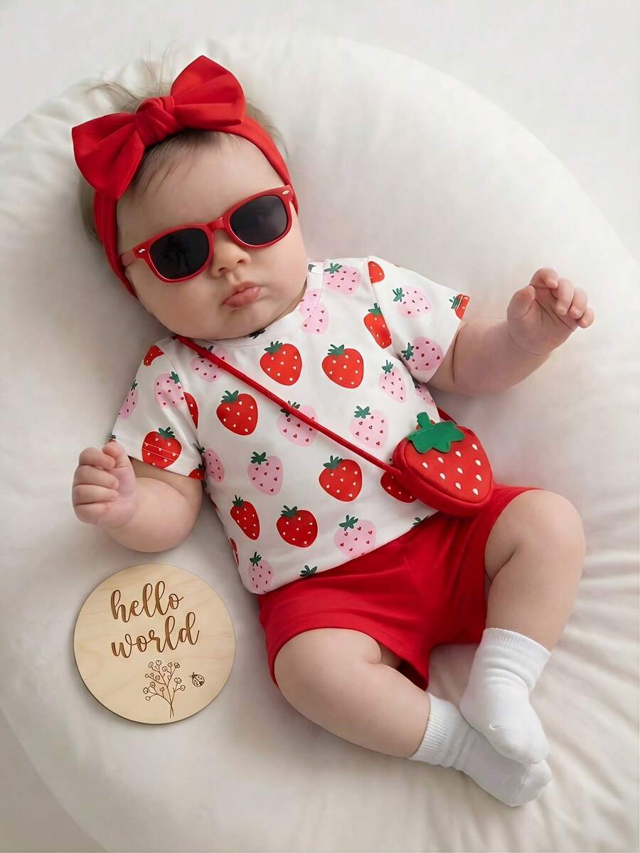 Newborn Boy & Girl Summer Knit Outfit -Cute Cartoon Bear Striped Shirt & Shorts Set