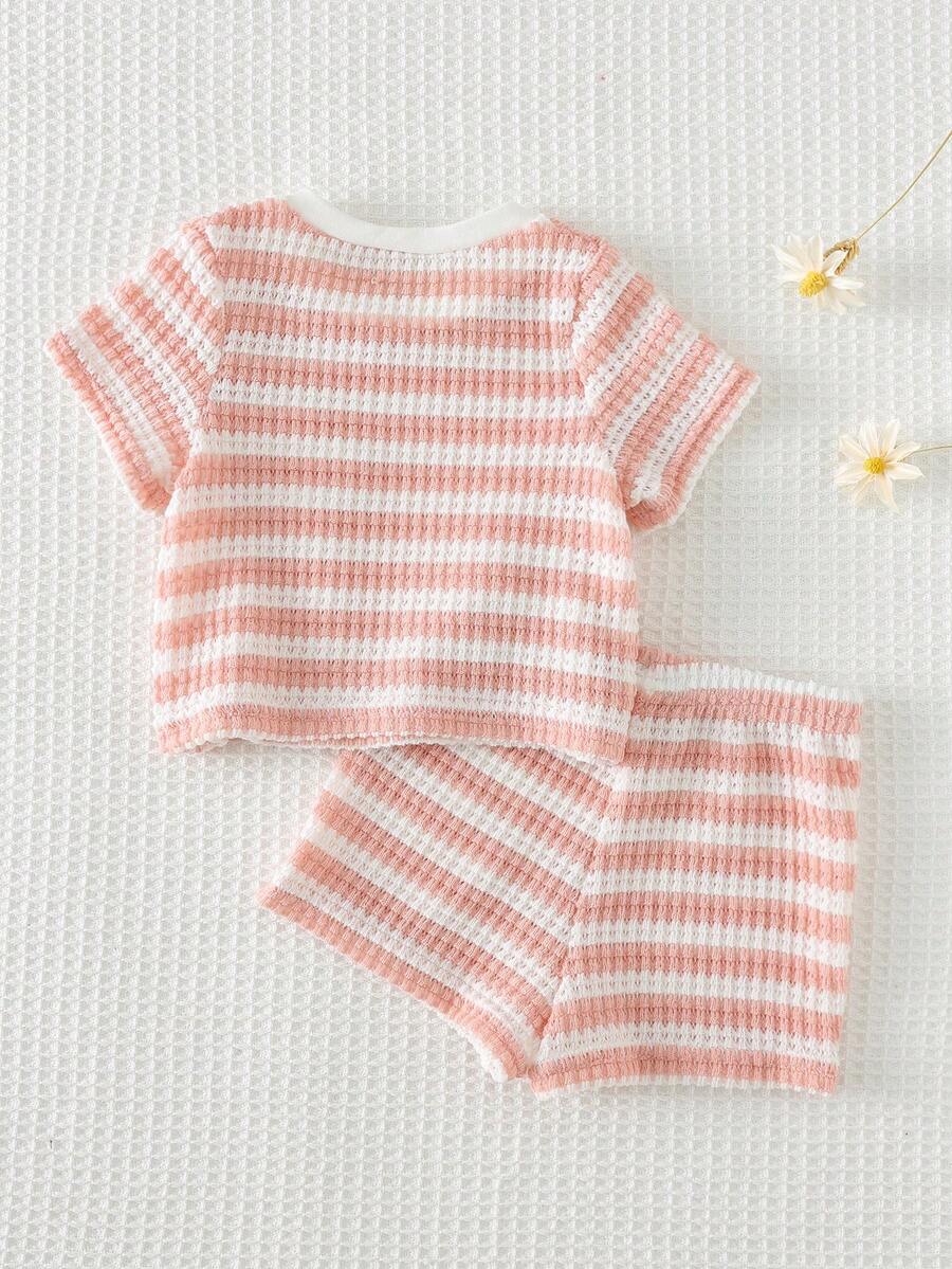 Newborn Boy & Girl Summer Knit Outfit -Cute Cartoon Bear Striped Shirt & Shorts Set