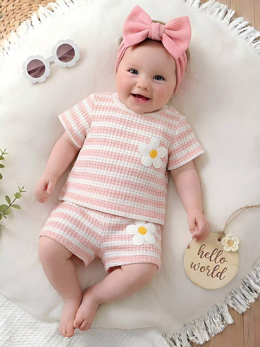 Newborn Boy & Girl Summer Knit Outfit -Cute Cartoon Bear Striped Shirt & Shorts Set