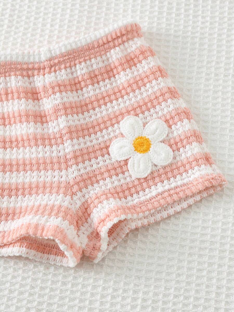Newborn Boy & Girl Summer Knit Outfit -Cute Cartoon Bear Striped Shirt & Shorts Set